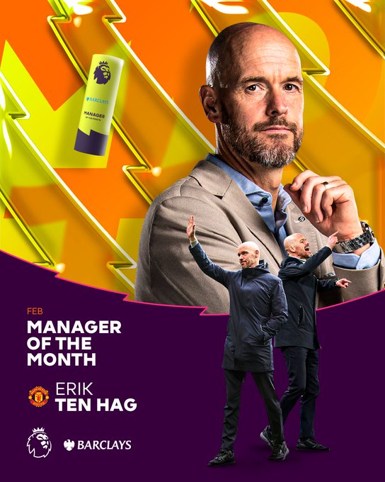 Ten Hag named Barclays Manager of the Month.