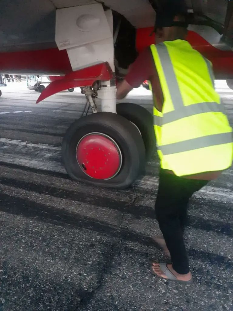 Max Air aircraft lose tyres during take-off roll.