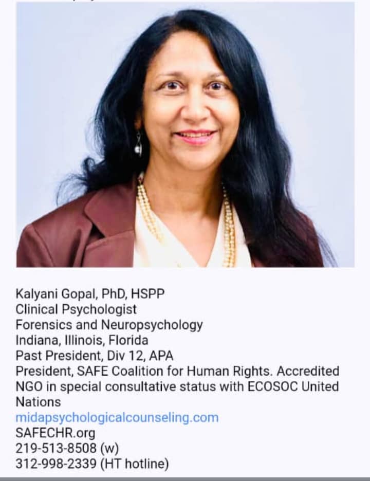 Renowned Human Rights Psychologist, Kalyani Gopal, PhD, HSPP, Nominated for Prestigious World Leadership Merit Award